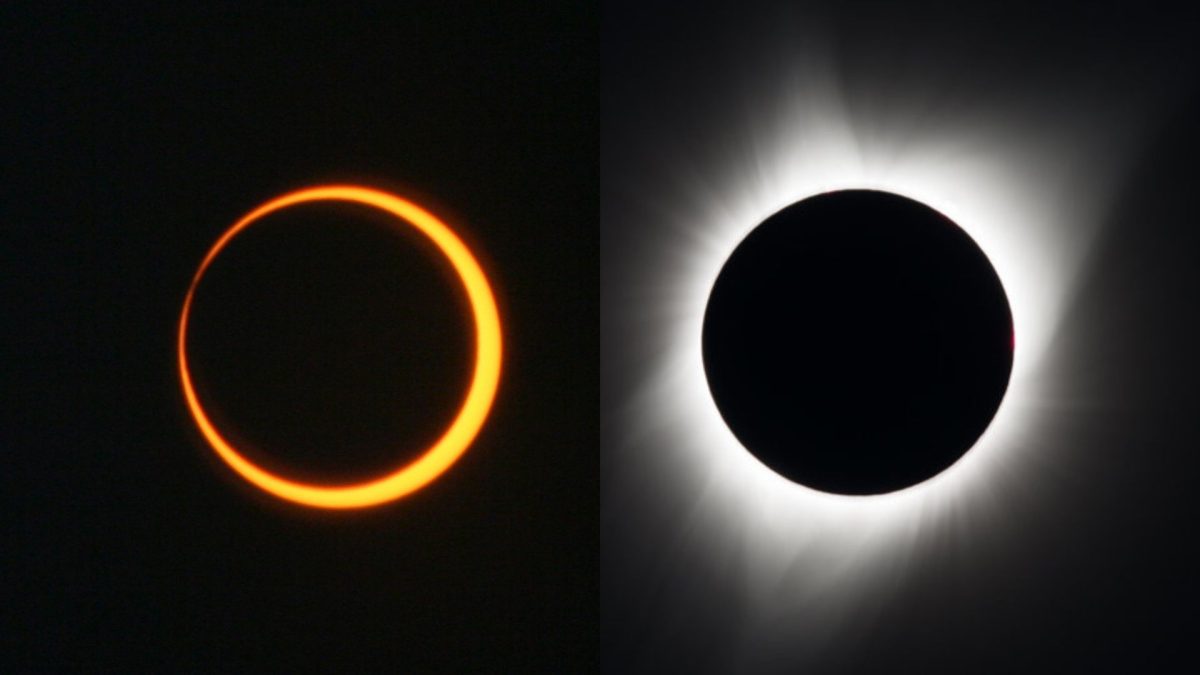 An annular eclipse is pictured on the left while a total eclipse is pictured on the right in this comparision photo provided by NASA